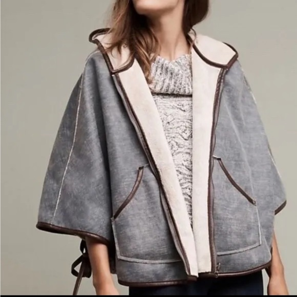 ANTHROPOLOGIE HEI HEI Gray Leather Hooded Reversible Pocket Poncho Top XS/S - Picture 2 of 16